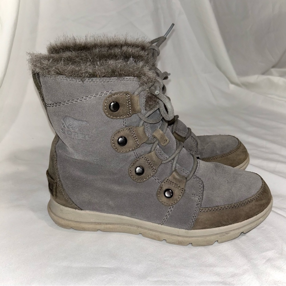 Sorel Women's Explorer Joan Gray Taupe Waterproof Winter Boot w Faux Fur Trim